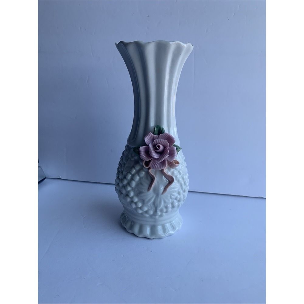 Vintage White Ceramic Bud Vase 3D Pink Porcelain Rose Scalloped Rim 70s Cottage